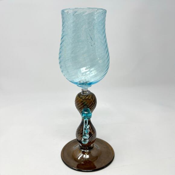 Murano Style Goblet Art Glass Signed Venetian Blue Amber Brown Hand Blown - Picture 2 of 11